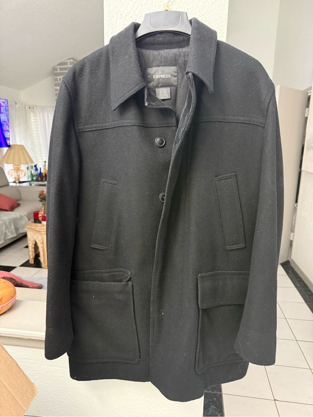 Express Men's Black Wool-Blend Pea Coat